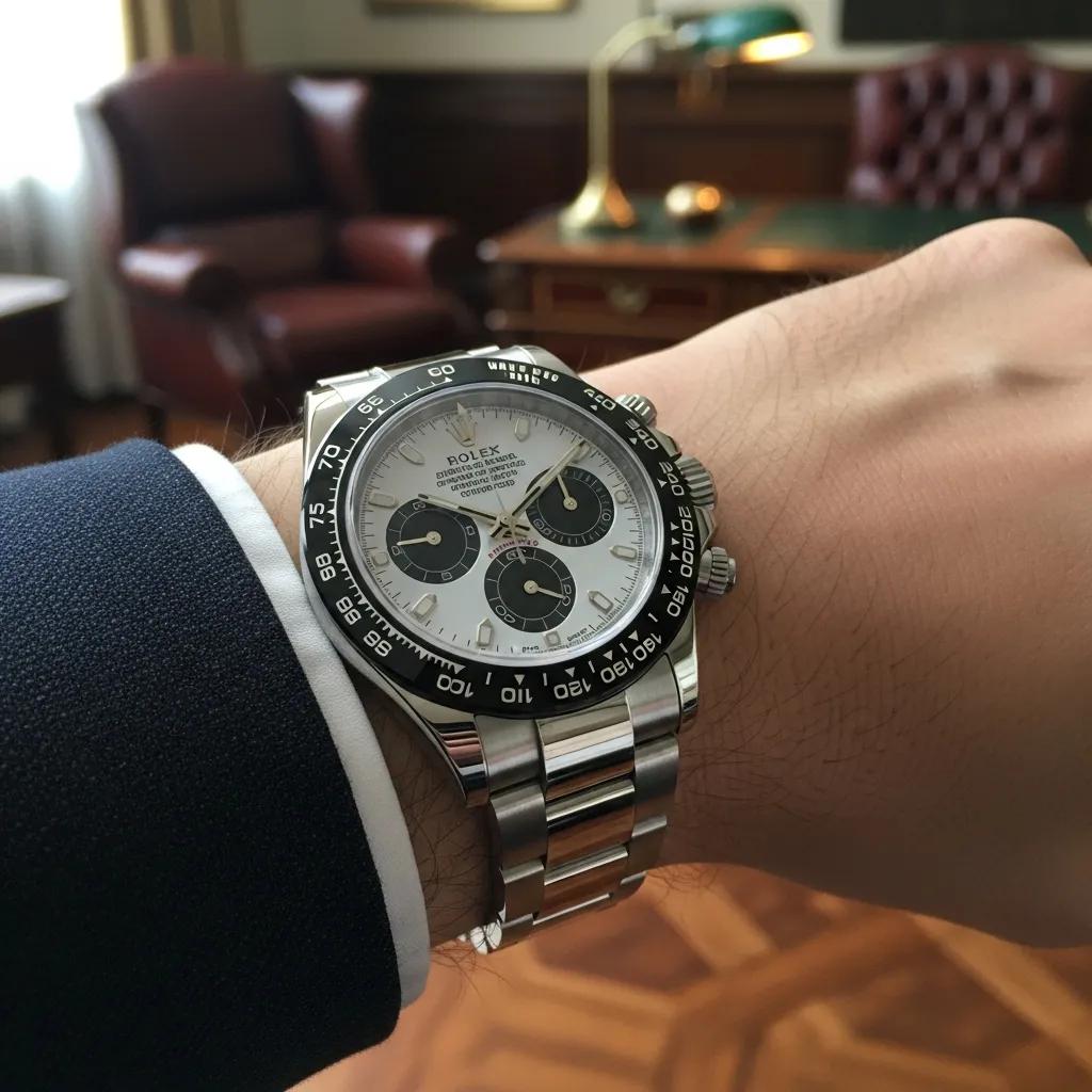 Genuine Rolex Daytona watch on a wrist, showcasing luxury and craftsmanship