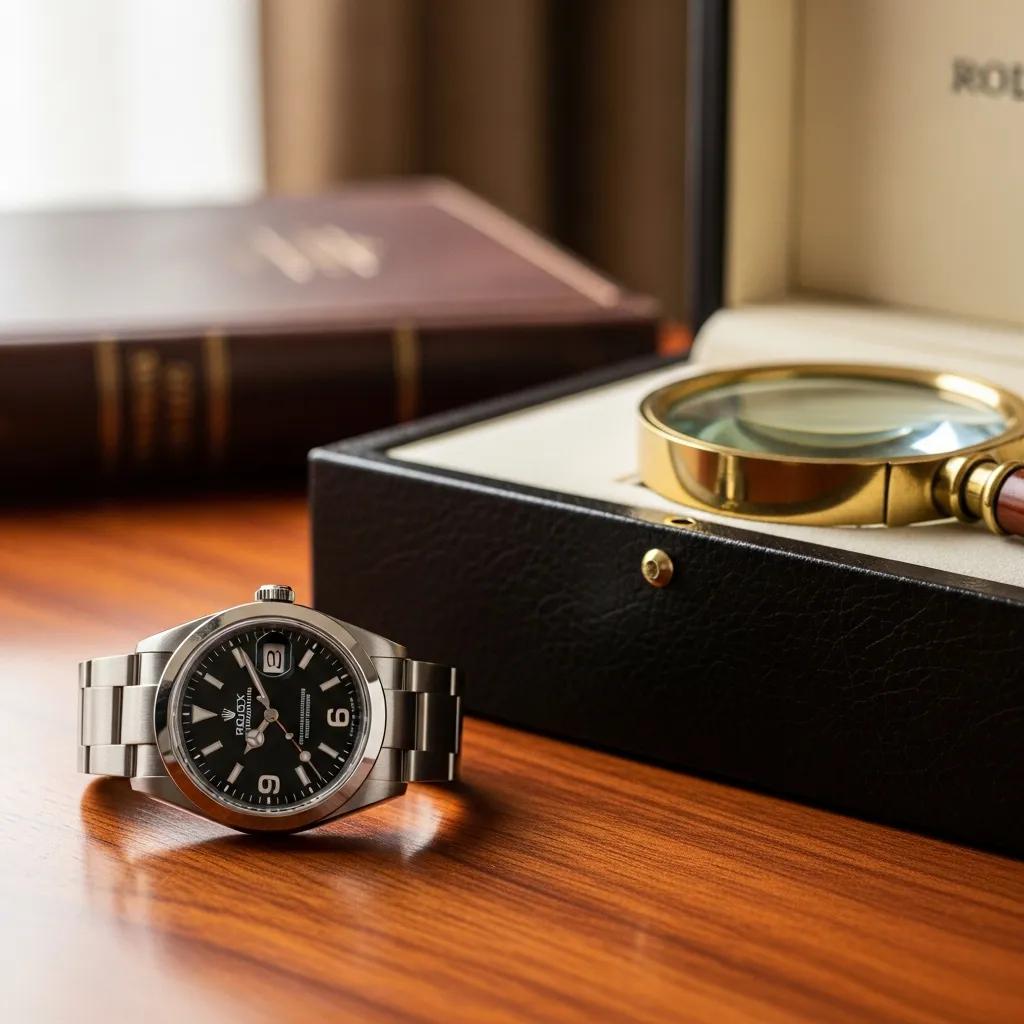 Genuine Rolex Explorer watch on a wooden table with a leather box and magnifying glass, emphasizing luxury and authenticity