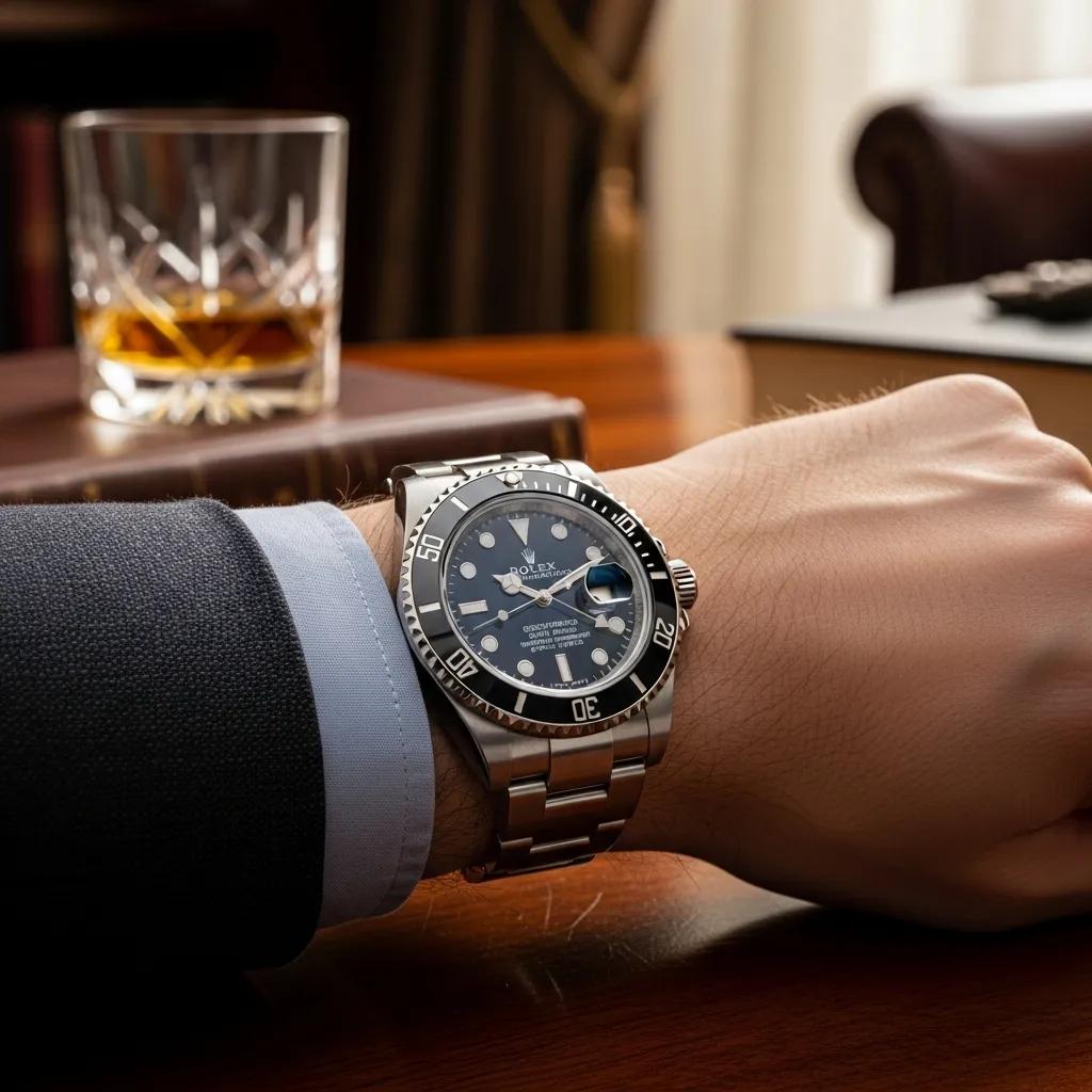Genuine Rolex Oyster Perpetual Submariner watch on a wrist, emphasizing luxury and authenticity