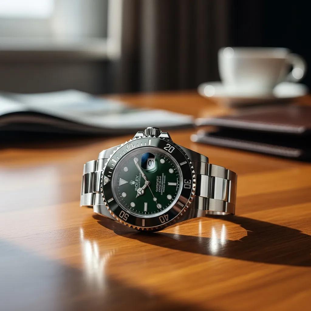 Genuine Rolex Submariner watch on a wooden table, showcasing luxury and craftsmanship