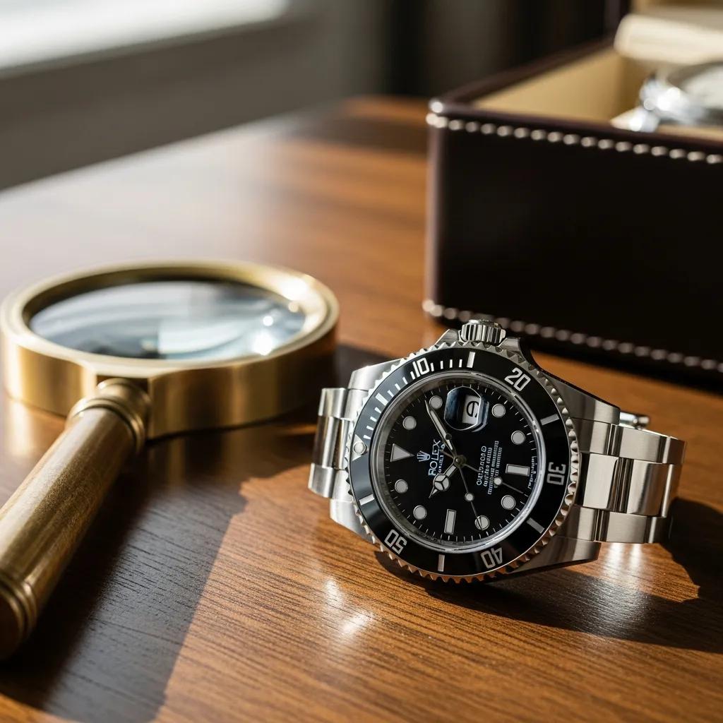 Genuine Rolex Submariner watch on a wooden table with a magnifying glass and leather box
