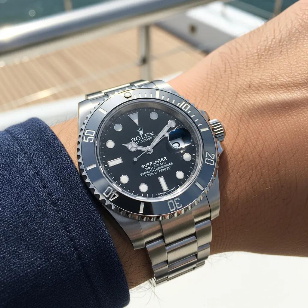 Genuine Rolex Submariner watch on wrist in a luxury setting