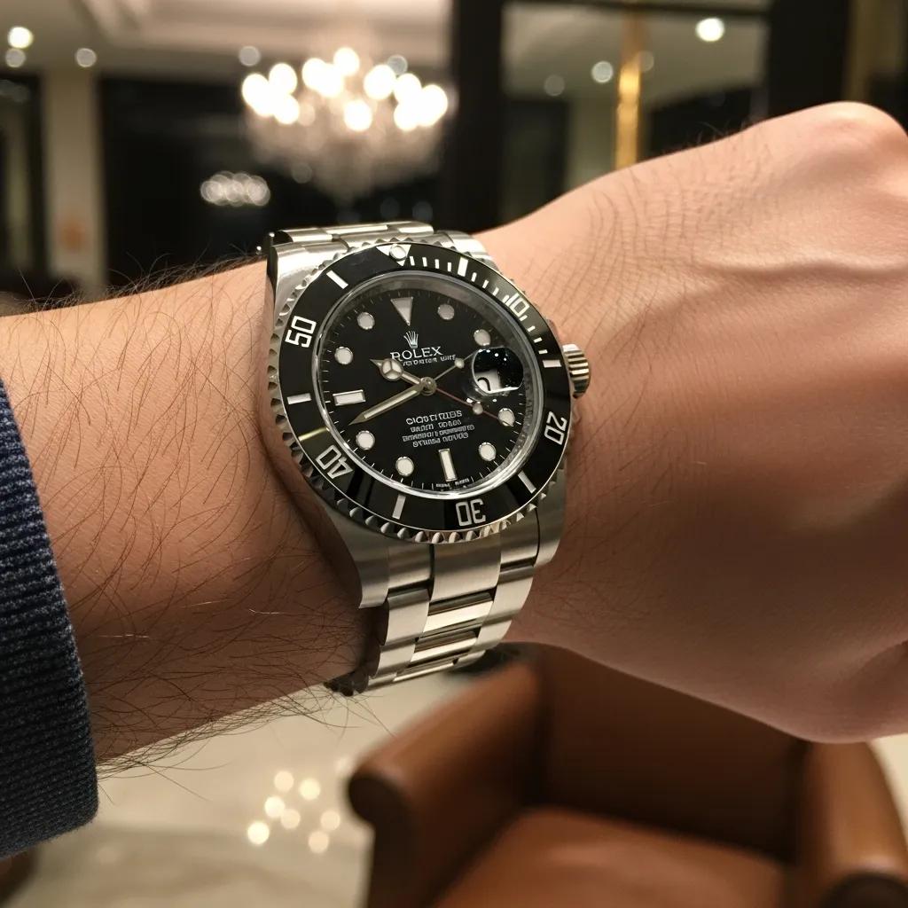 Genuine Rolex Submariner watch on wrist in a luxury setting