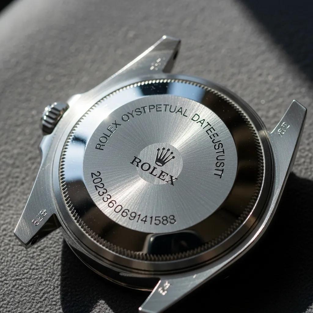 Genuine Rolex watch caseback with detailed engravings and crown logo