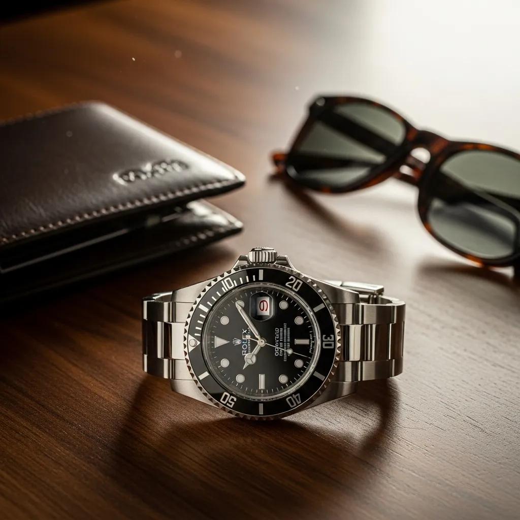 Genuine Rolex watch displayed elegantly with accessories, emphasizing luxury and authenticity