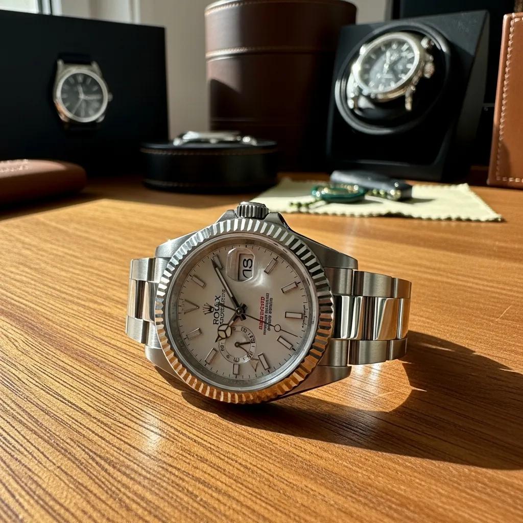 Genuine Rolex watch on a wooden surface, emphasizing luxury and authenticity