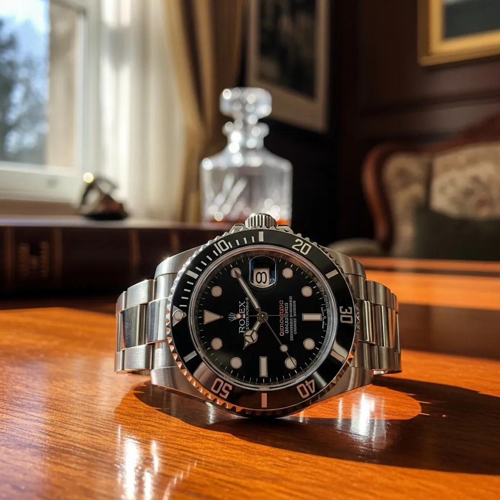 Genuine Rolex watch on a wooden table, showcasing its craftsmanship and luxury appeal