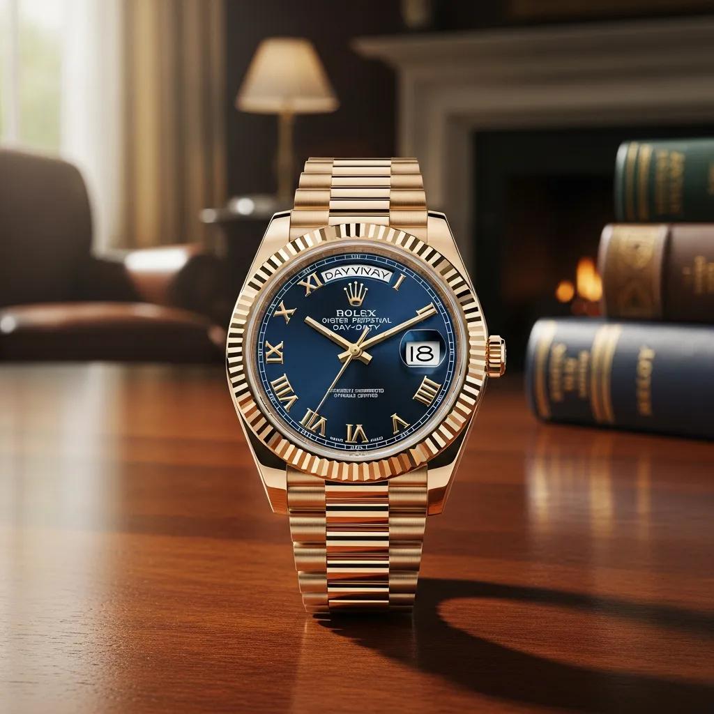 Genuine Rolex watch on a wooden table, showcasing luxury and authenticity