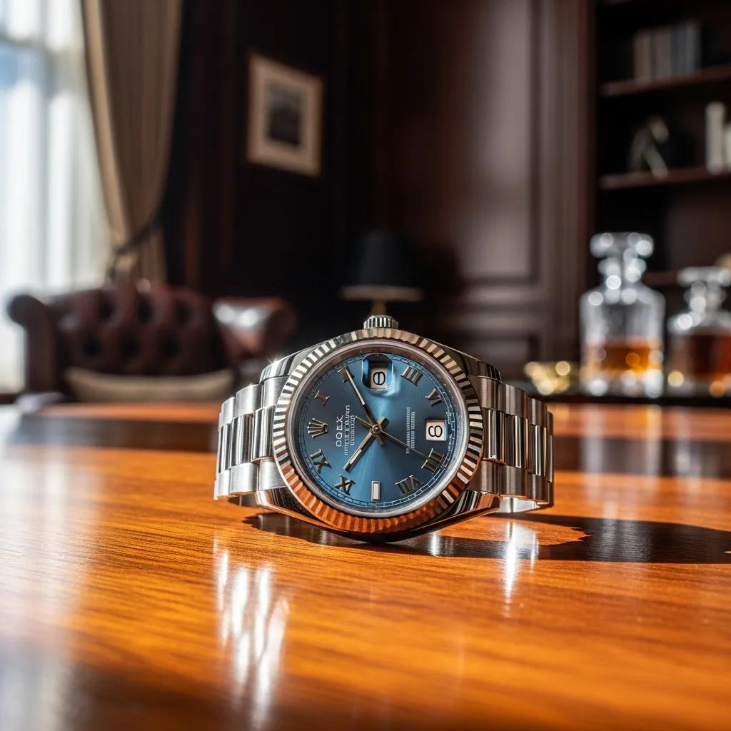 Genuine Rolex watch on a wooden table, showcasing luxury and craftsmanship
