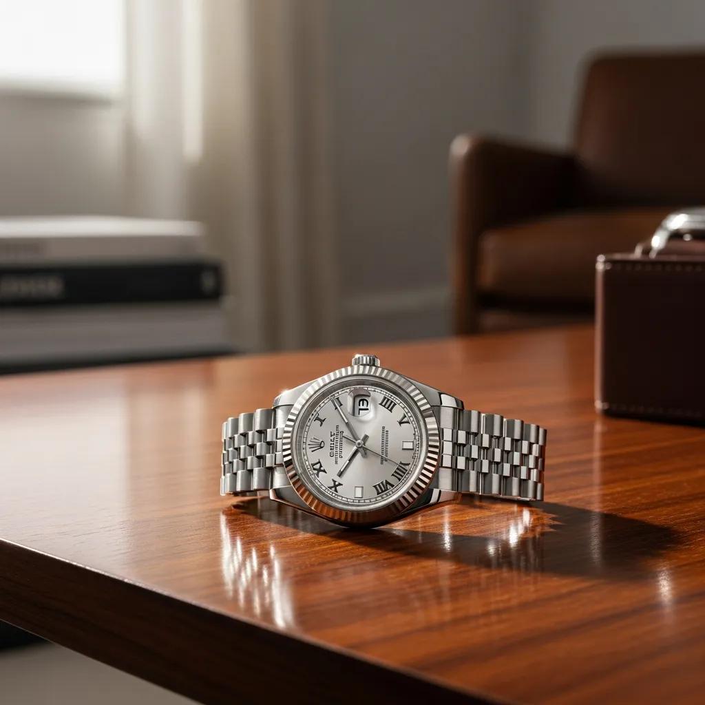Genuine Rolex watch on a wooden table, showcasing luxury and craftsmanship