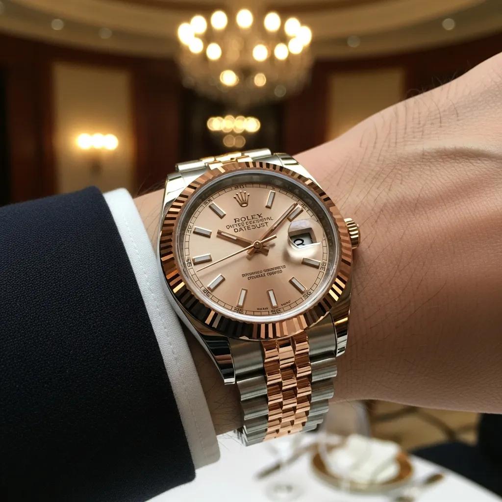 Genuine Rolex watch on a wrist in a luxury setting, emphasizing elegance and craftsmanship