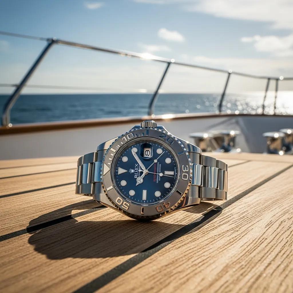 Genuine Rolex Yacht Master watch displayed on a yacht deck with ocean backdrop