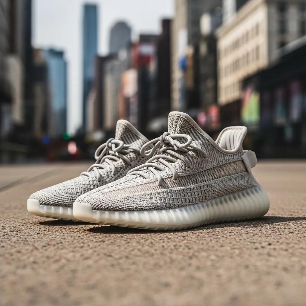 High-quality replica Yeezy sneakers displayed in an urban environment, highlighting sneaker culture