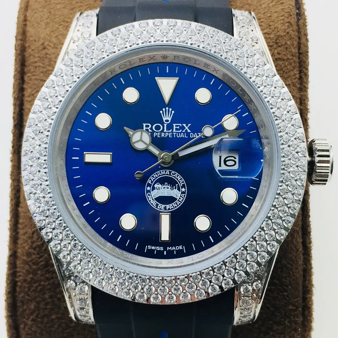 Rolex Submariner White Gold with Blue Dial Dark Blue Oysteflex Band Watch