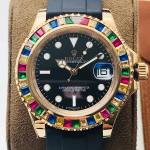 Rolex Yacht-Master Black Dial Multi-Colored Gem-Set Bezel Oysterflex Strap Exclusive Edition