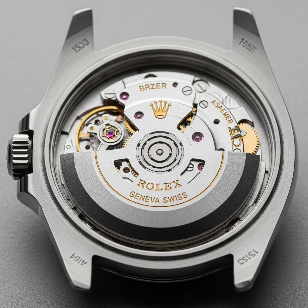 Internal movement of a Rolex Submariner watch, showcasing detailed craftsmanship and authenticity