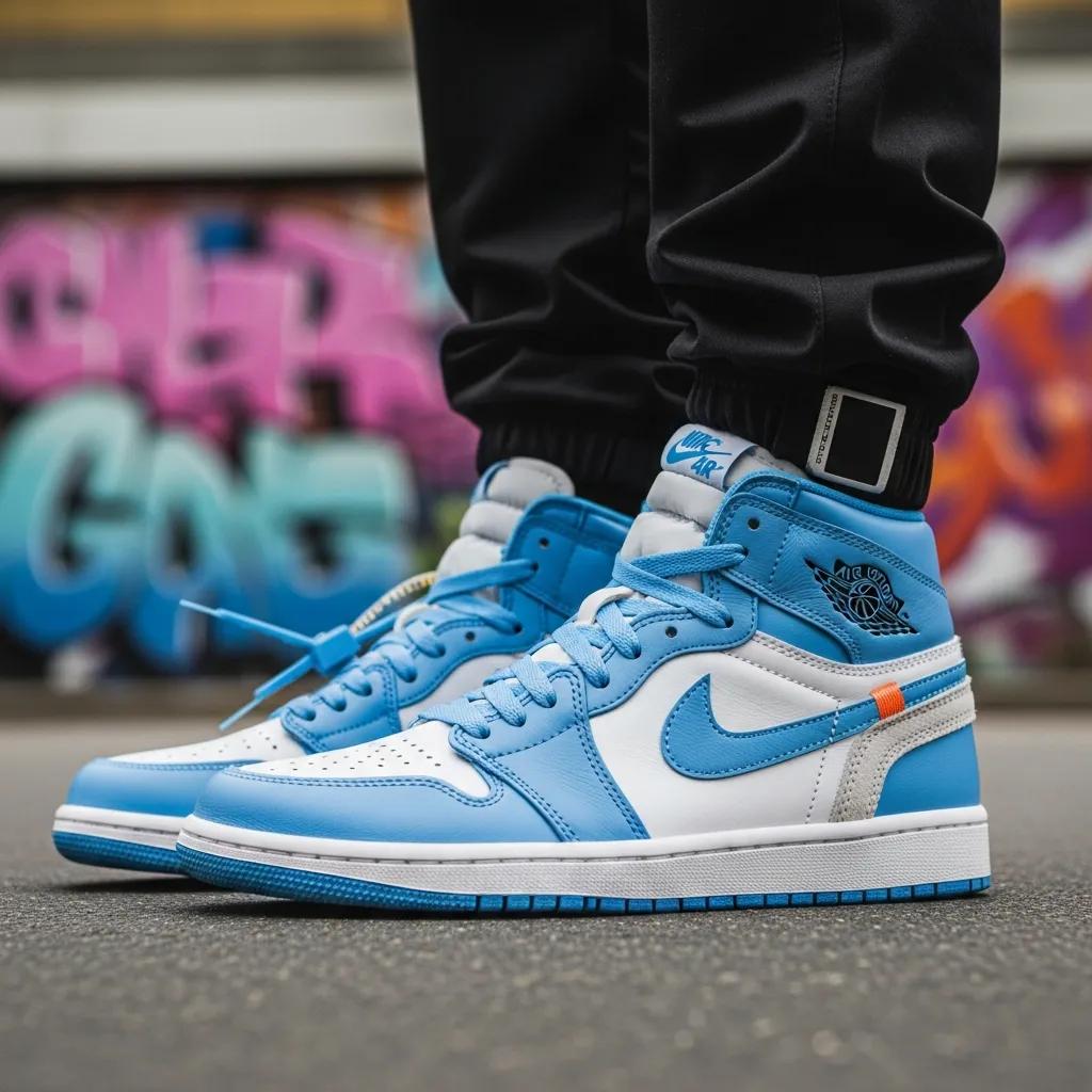 Jordan 1 Off White UNC sneakers displayed in an urban setting, highlighting their University Blue colorway