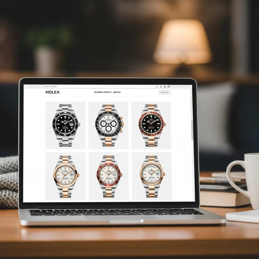 Laptop displaying a reputable online watch seller's website with luxury watches, highlighting the online shopping experience