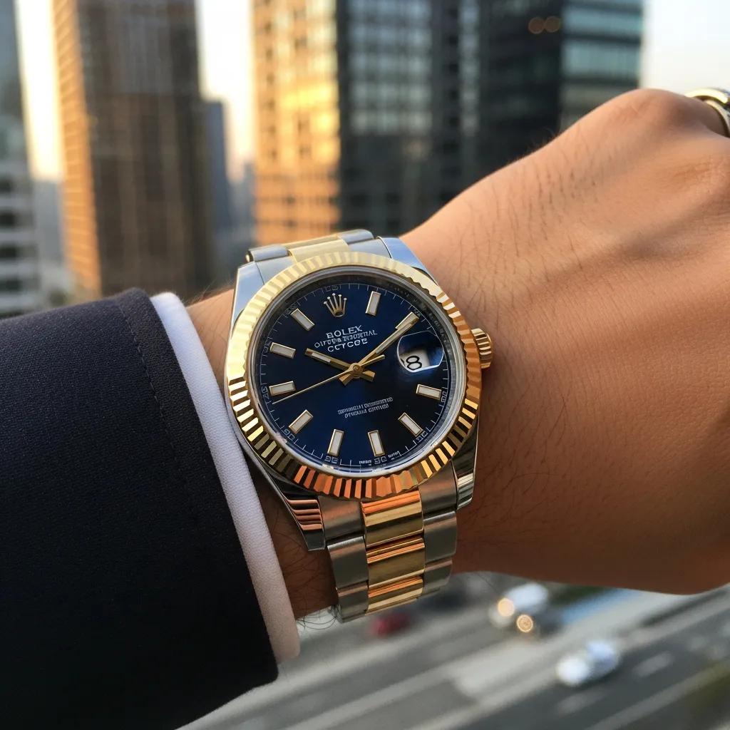 Luxurious fake Rolex watch on a wrist with a modern cityscape background