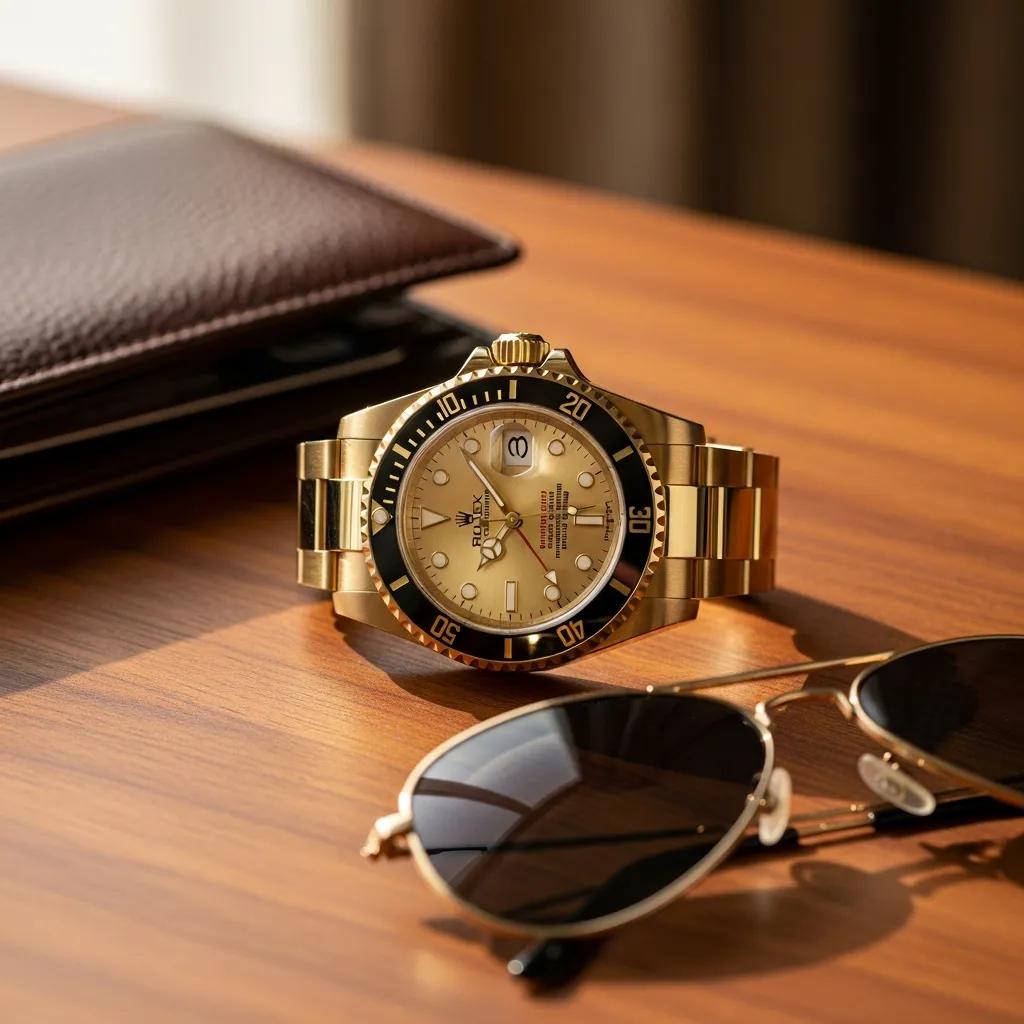 Luxurious gold Rolex Submariner watch on a wooden surface, emphasizing craftsmanship and elegance
