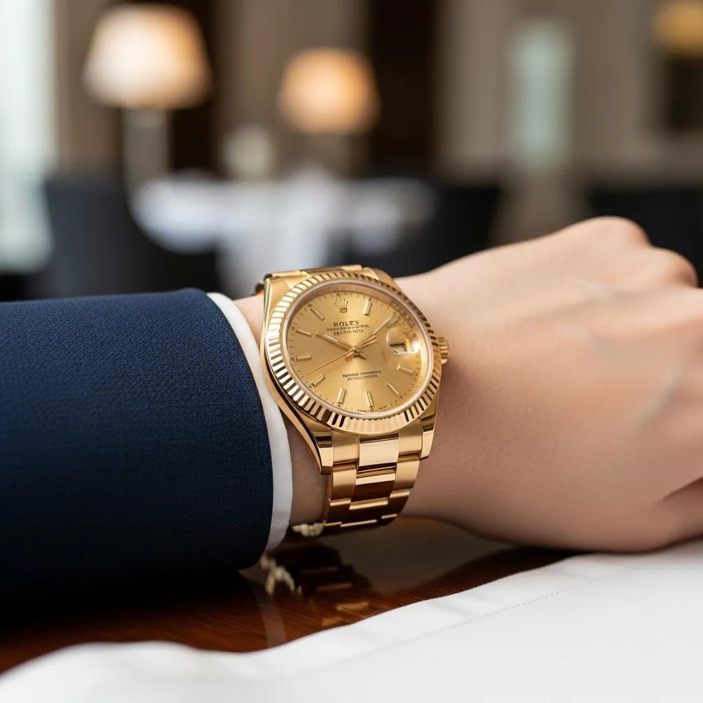 Luxurious gold Rolex watch on a wrist, emphasizing craftsmanship and elegance