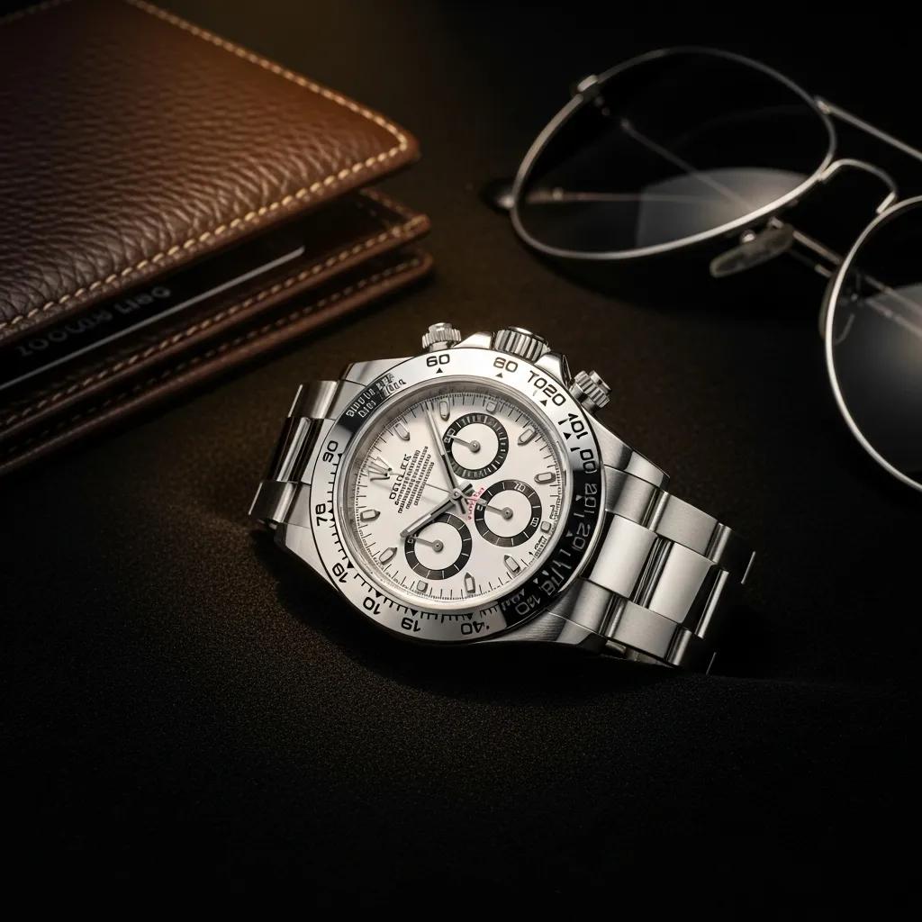 Luxurious Rolex Daytona replica watch on velvet surface with elegant accessories