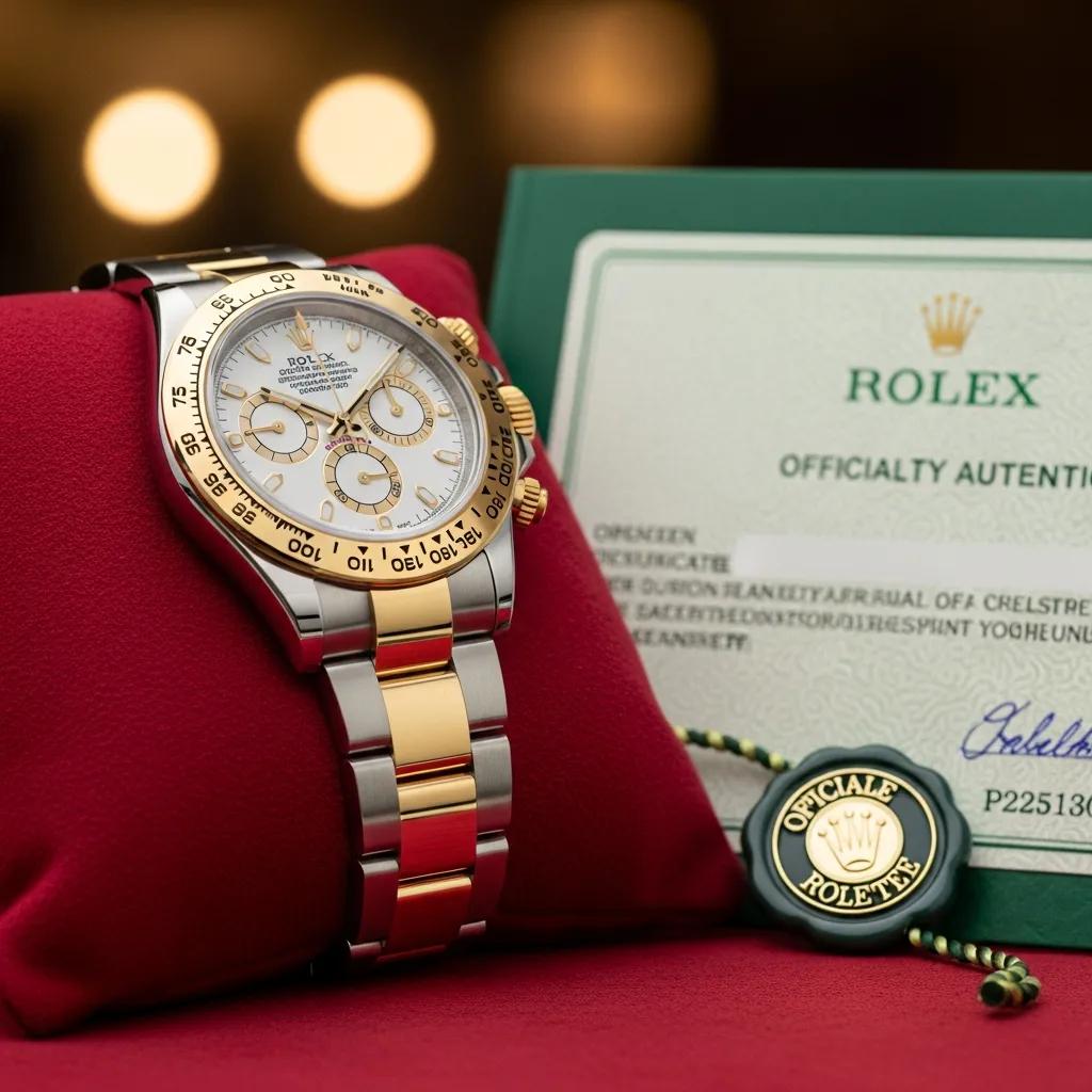 Luxurious Rolex watch with authenticity certificate on a velvet cushion