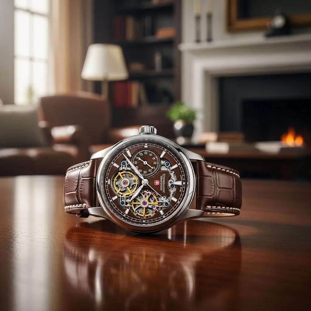Luxurious Swiss watch replica displayed elegantly on a wooden table in a stylish living room