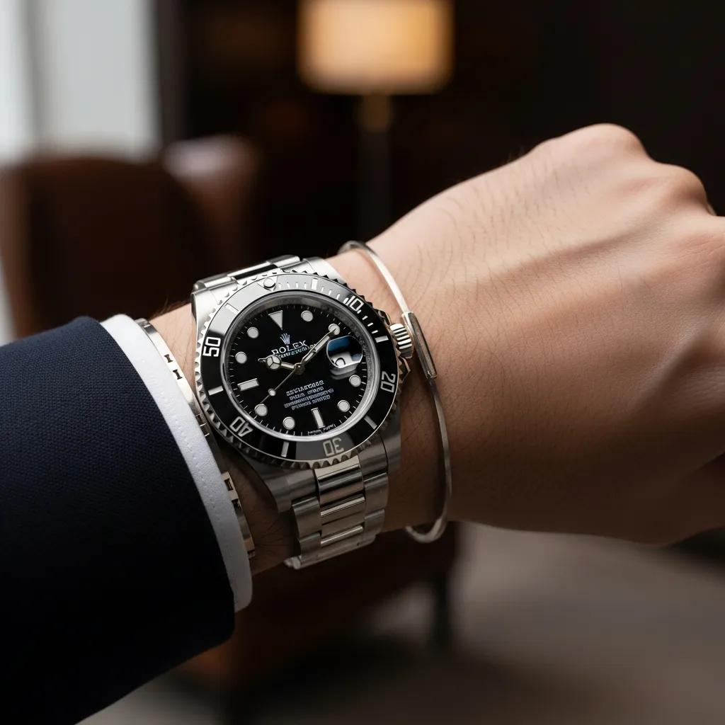 Luxury fake Rolex watch displayed elegantly on a wrist, emphasizing quality and craftsmanship