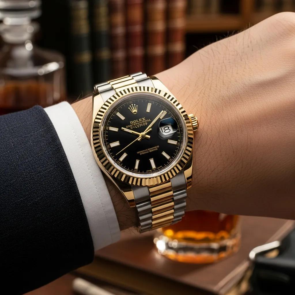 Luxury fake Rolex watch displayed on a wrist, emphasizing its realistic appearance and craftsmanship