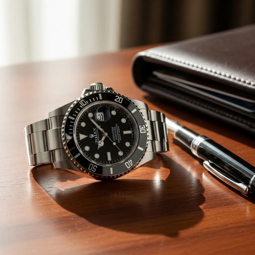 Luxury fake Rolex watch on a wooden table with wallet and pen