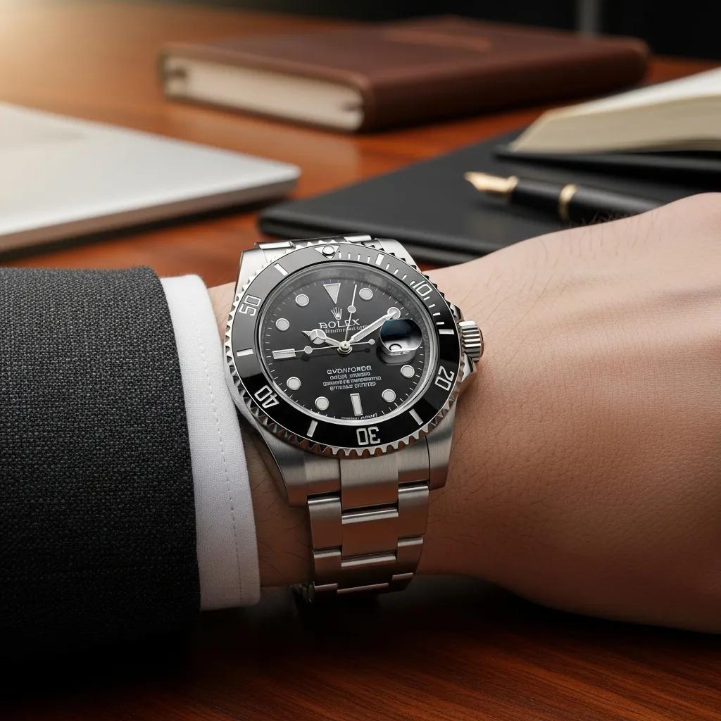 Luxury fake Rolex watch on a wrist in an elegant setting, highlighting its quality and style