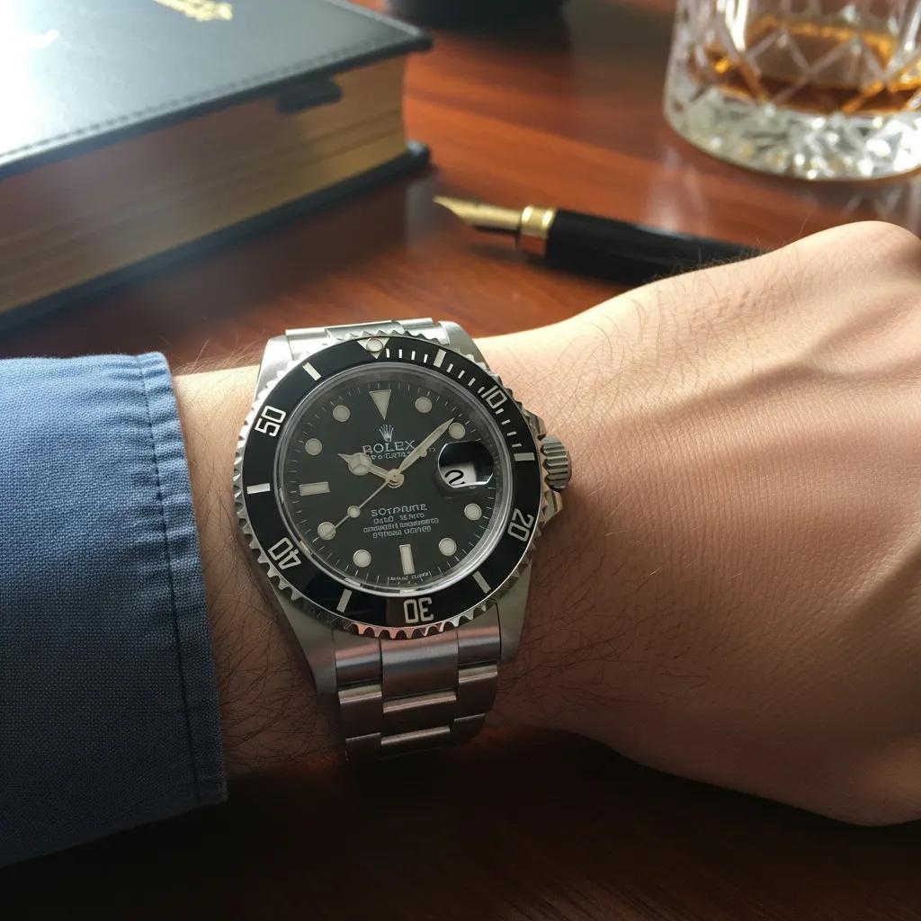 Luxury fake Submariner watch displayed on a wrist in an elegant setting