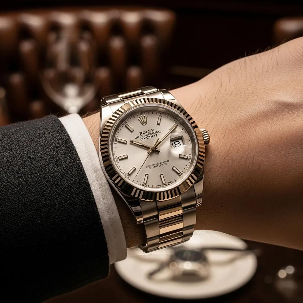 Luxury lifestyle image featuring a real looking fake Rolex watch on a wrist, emphasizing elegance and sophistication