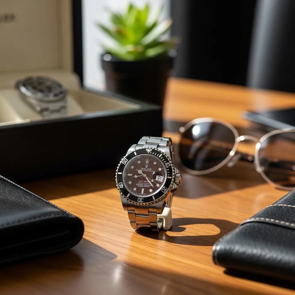 Luxury replica Rolex Submariner watch displayed with elegant accessories