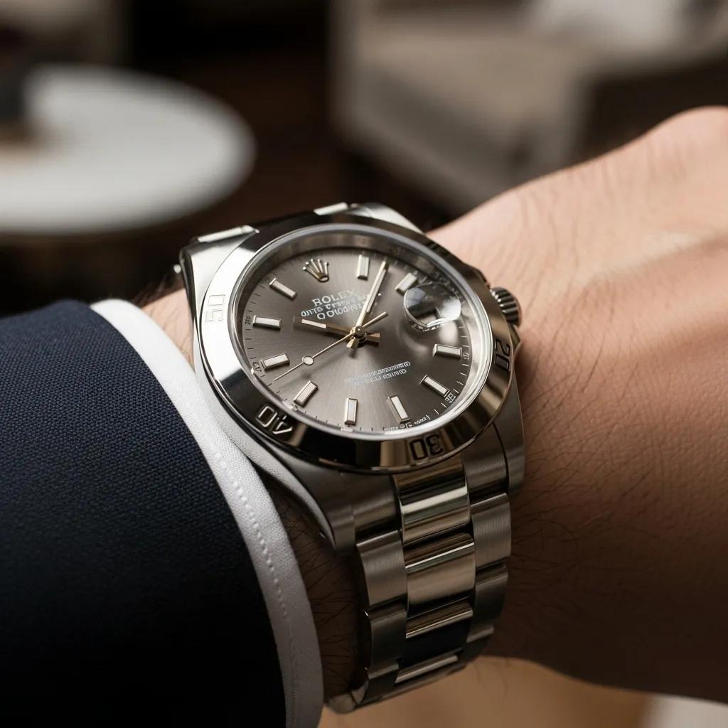 Luxury replica Rolex watch on a wrist, emphasizing craftsmanship and elegance