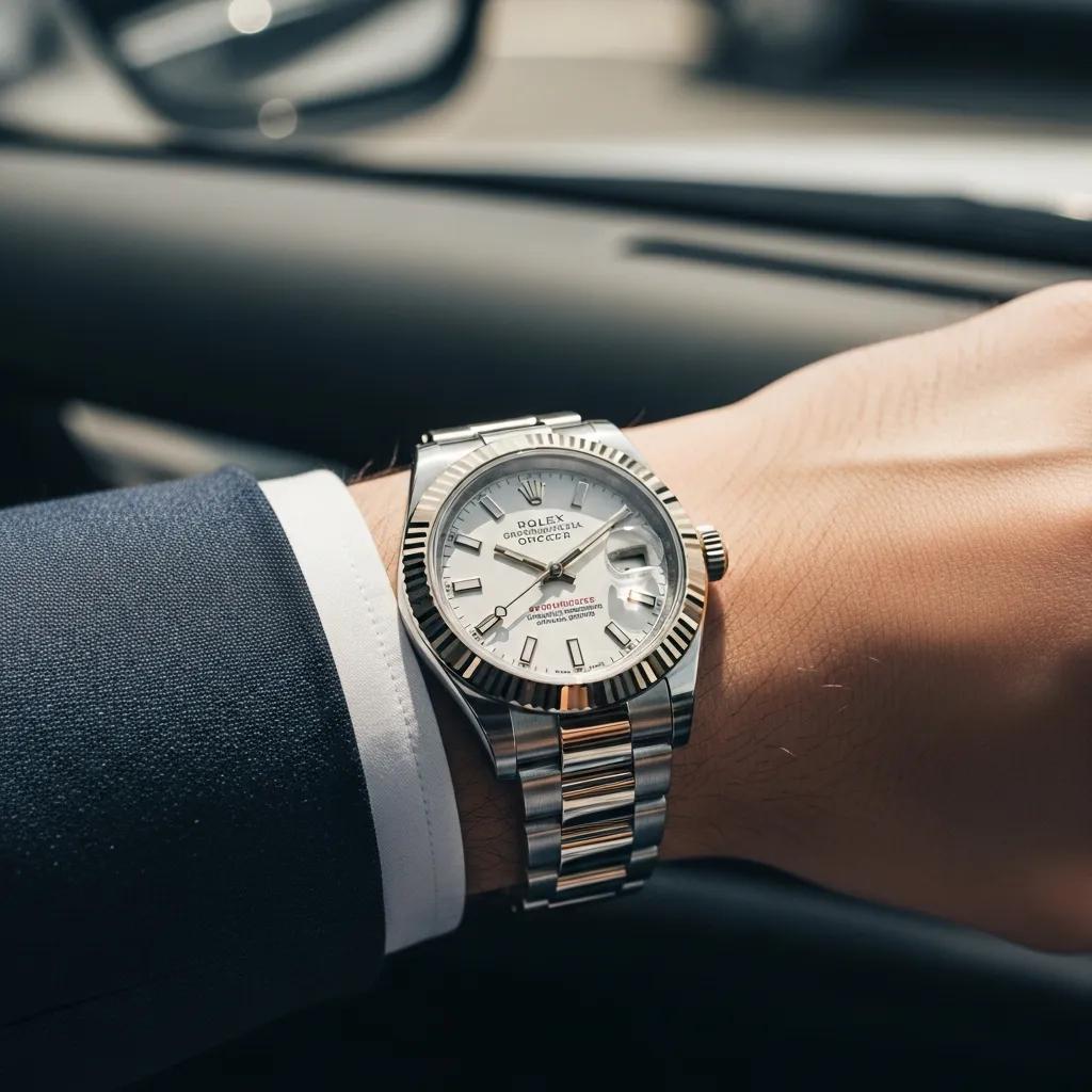 Luxury replica Rolex watch on a wrist in an elegant setting
