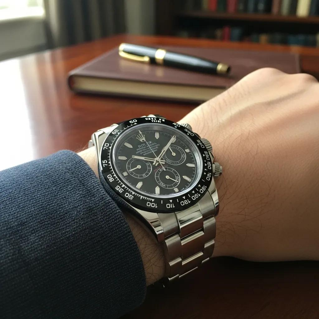 Luxury replica Rolex watch on wrist, emphasizing elegance and sophistication
