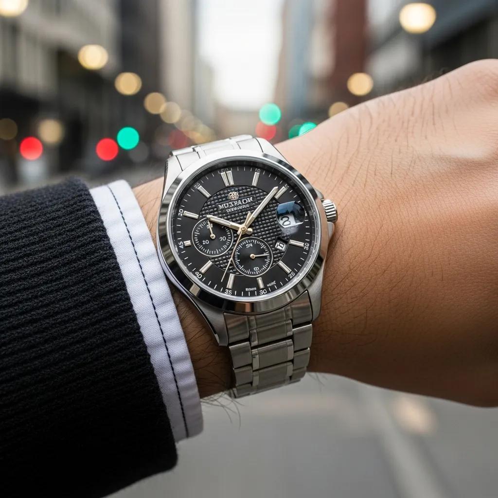 Luxury replica watch on wrist in urban setting