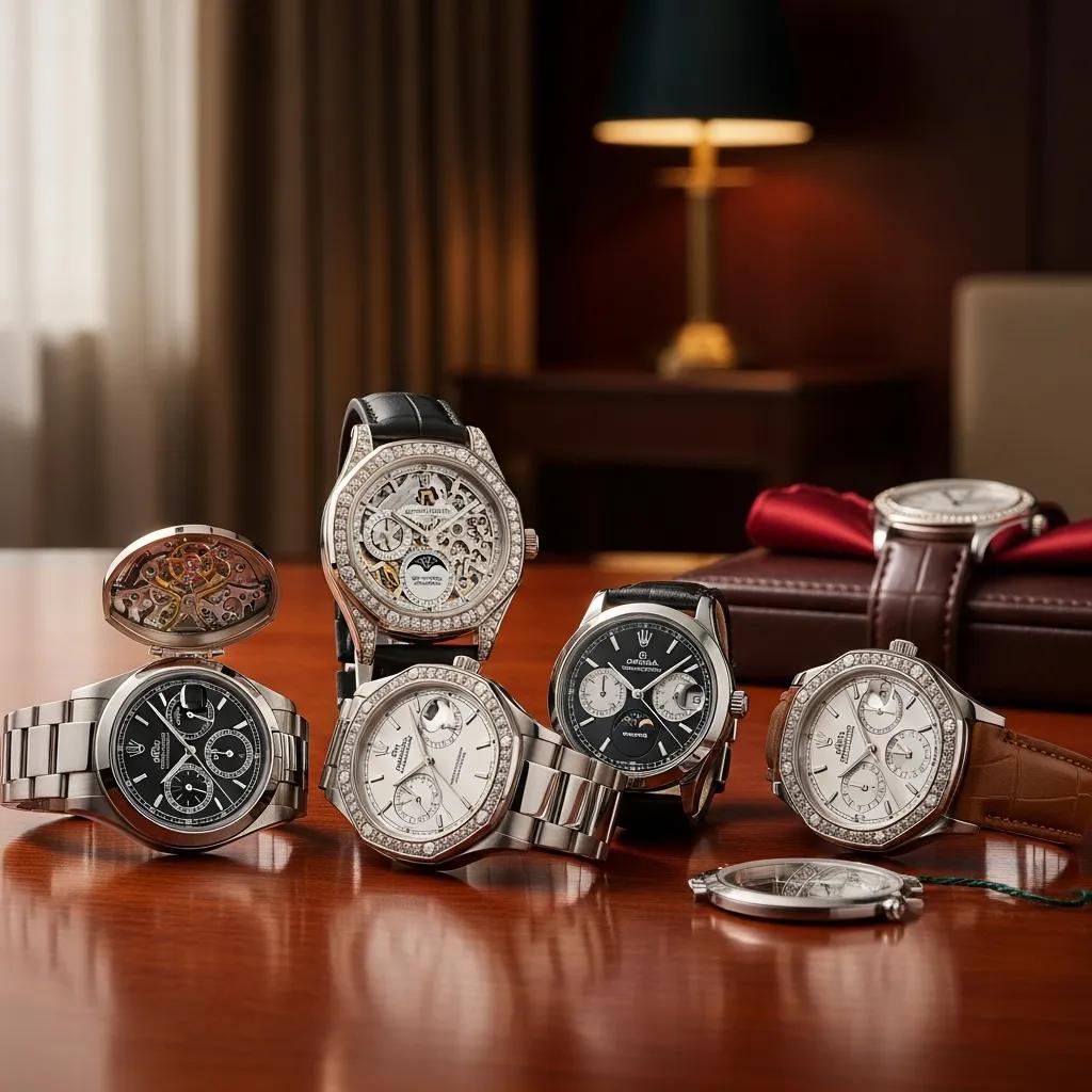 Luxury replica watches displayed on a wooden table, showcasing craftsmanship and elegance