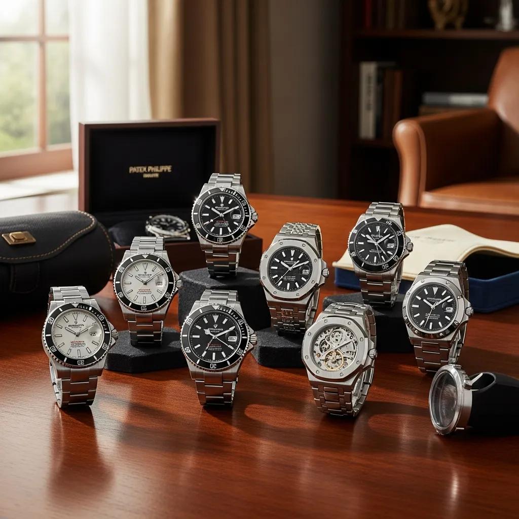 Luxury replica watches displayed on a wooden table, showcasing intricate designs and craftsmanship