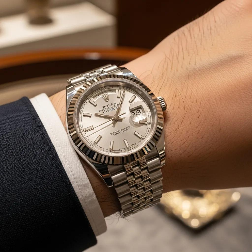 Luxury Rolex Datejust replica watch on a wrist in an elegant setting
