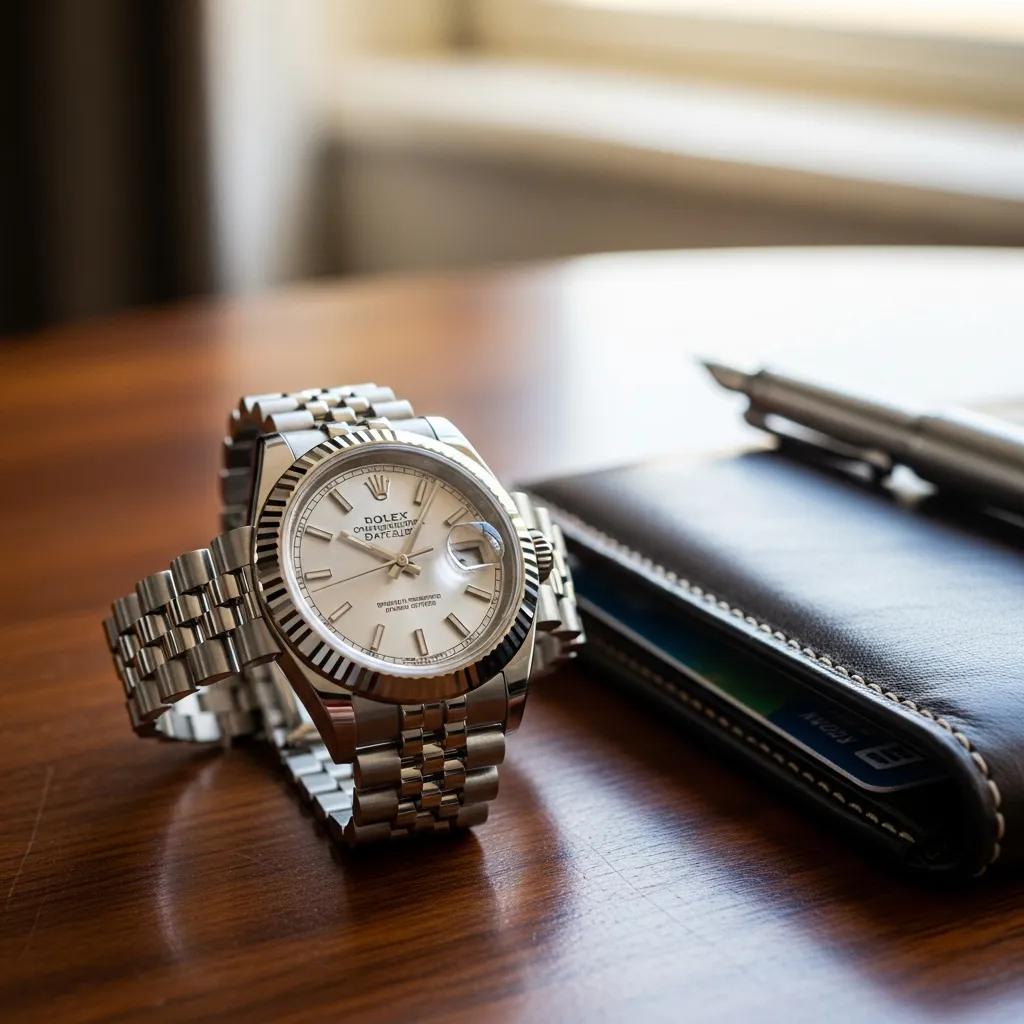 Luxury Rolex Datejust watch on a wooden table with elegant accessories
