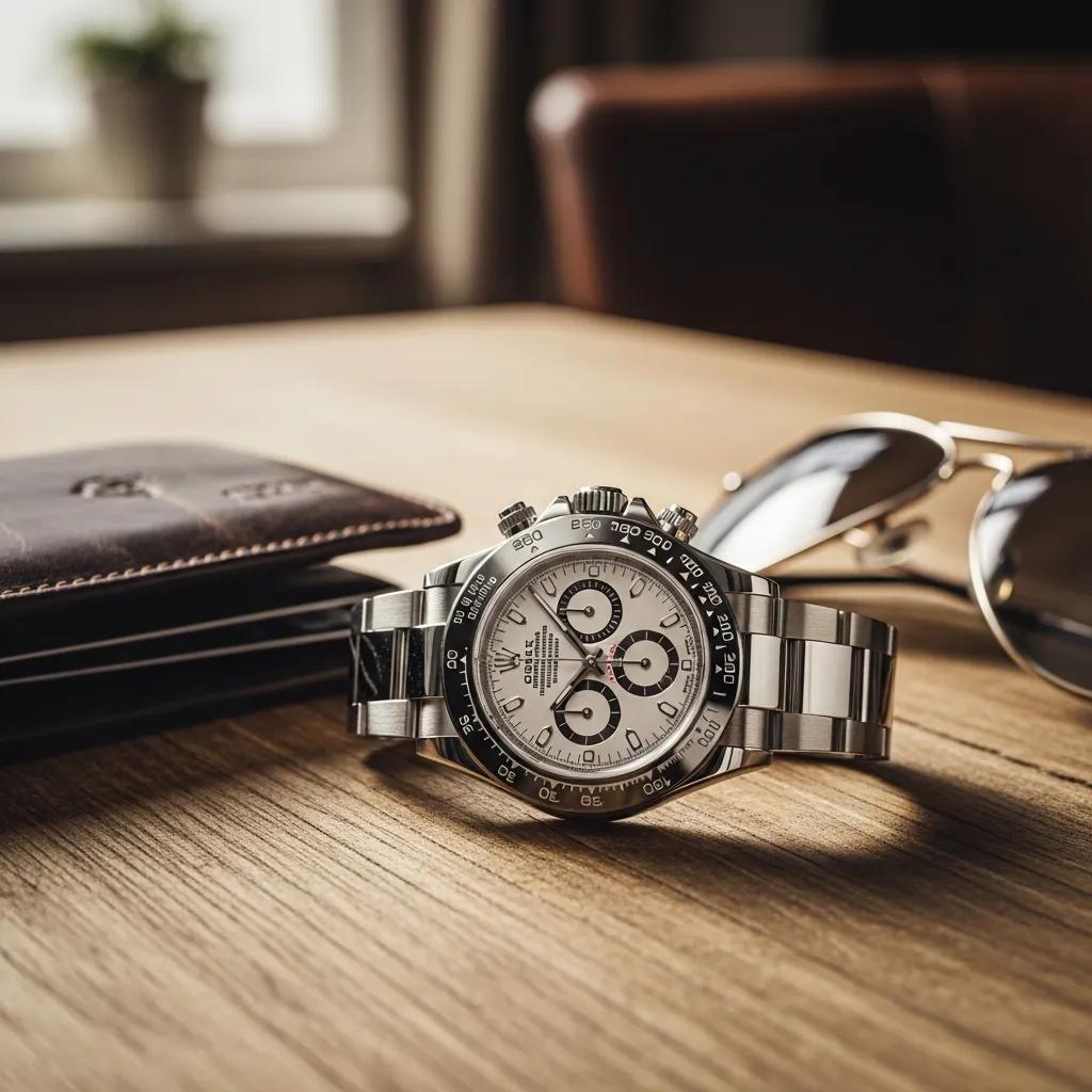 Luxury Rolex Daytona replica watch on a wooden table with stylish accessories