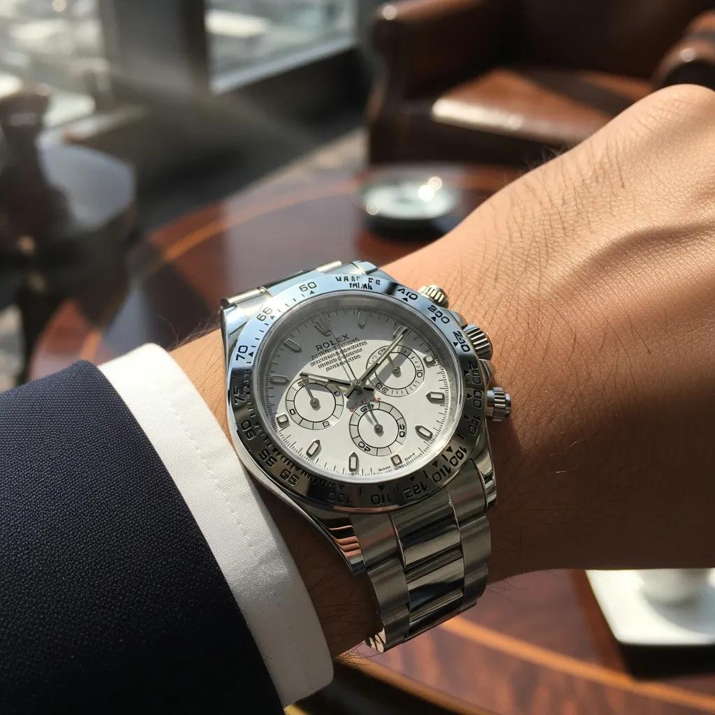 Luxury Rolex Daytona replica watch on a wrist, emphasizing elegance and style