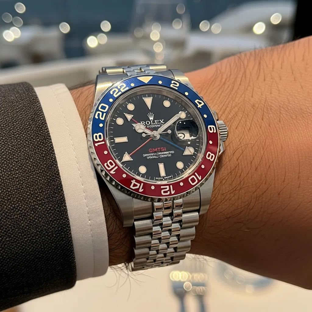 Luxury Rolex GMT Master II replica watch on a wrist in an elegant setting