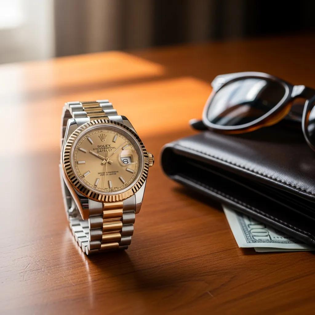 Luxury Rolex Oyster Perpetual Datejust watch on a wooden table with elegant accessories