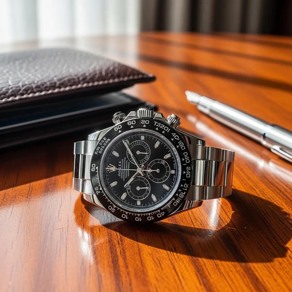 Luxury Rolex replica watch on a wooden table with elegant accessories