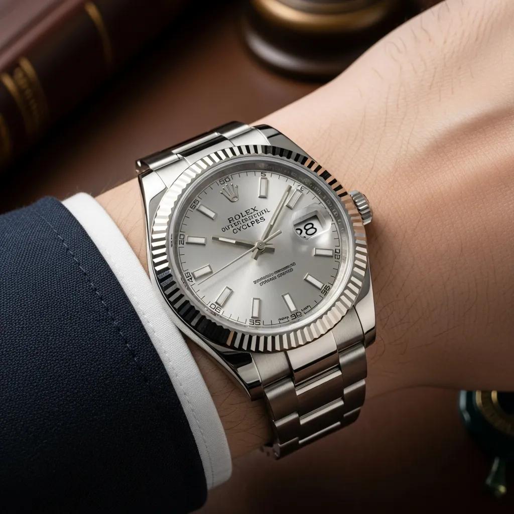 Luxury Rolex replica watch on a wrist, emphasizing craftsmanship and elegance