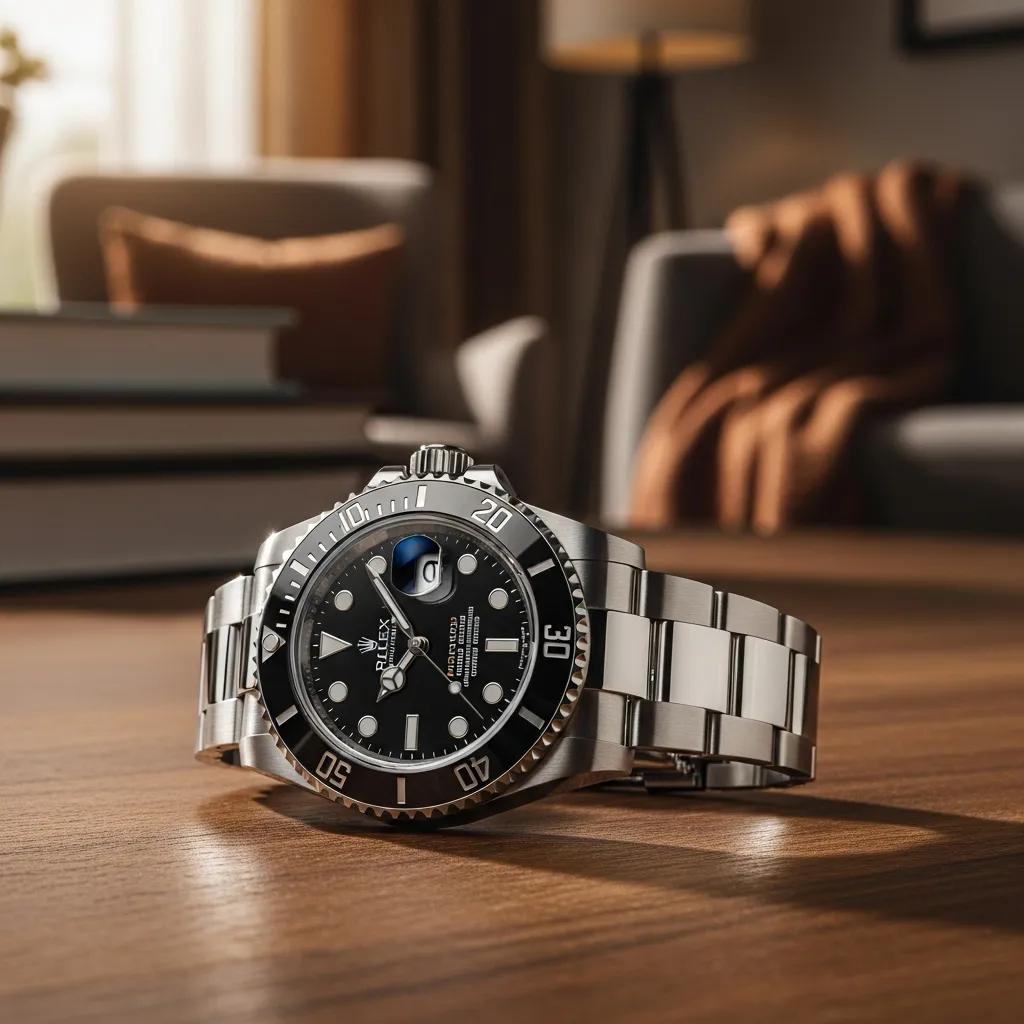 Luxury Rolex Submariner Black watch on a wooden table, emphasizing craftsmanship and authenticity